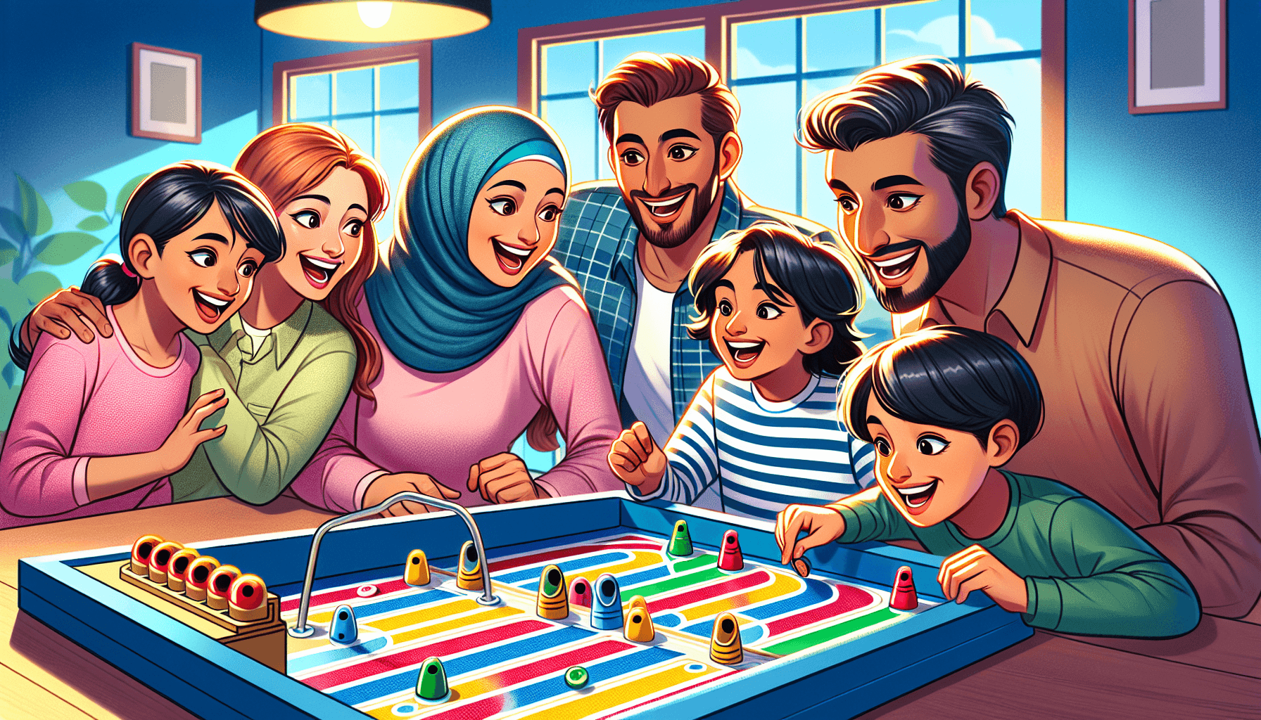 Illustration of a family playing a Plinko board game together, indoors, bright colors, cheerful mood