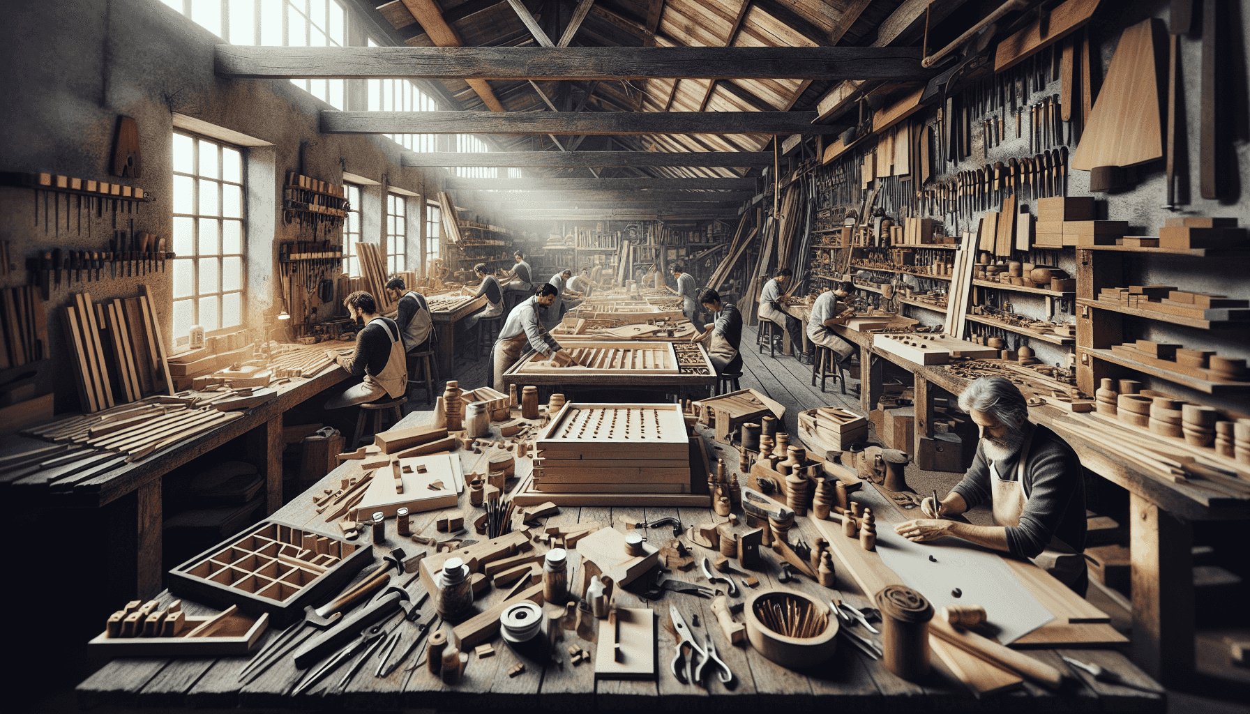 Photo of a rustic workshop with designers crafting bespoke Plinko boards, natural light, detailed tools and materials